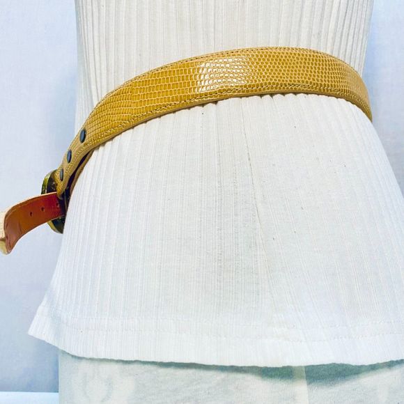 Flemings West End Womens Buckleless Belt Small Yellow Beige Lizard Skin - Picture 5 of 15